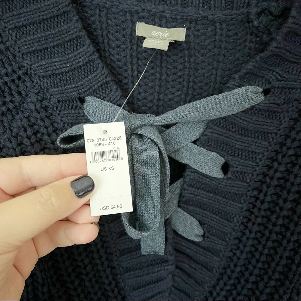 Aerie Chunky Lace Up Cable Knit Sweater Navy Blue XS NWT - Picture 5 of 7